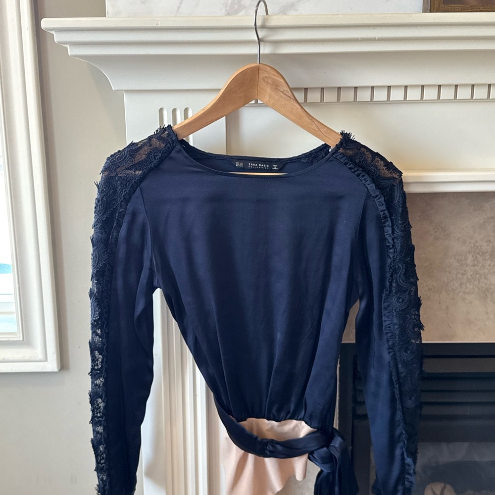 Zara Navy Lace Long Sleeve Bodysuit